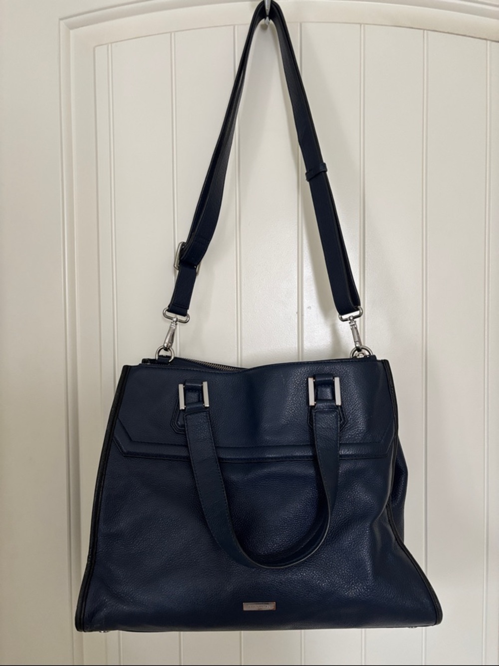 Danier Leather Navy Blue Pebbled Leather Satchel Tote Crossbody Bag